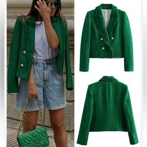 Zara double breasted Blazer Jacket Cropped Tweed Green Preppy Blogger Fav